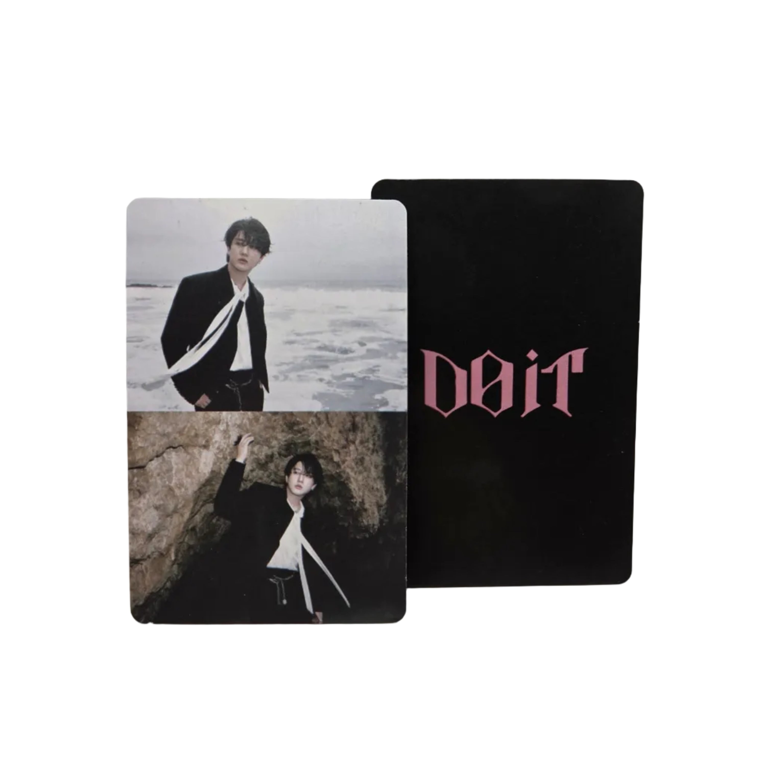 Black card with pink text and two images of a person on a light gray background