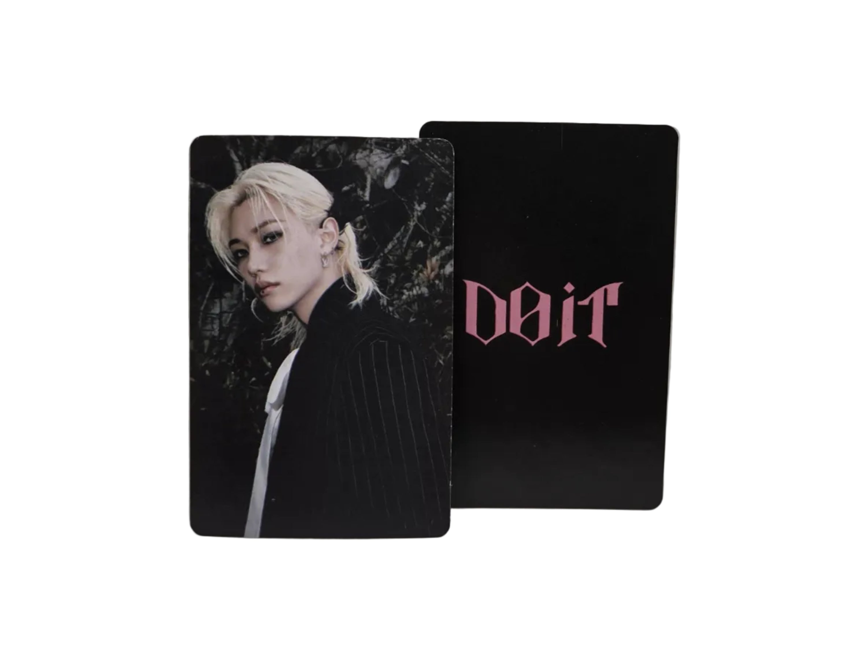 Two black cards with a photo and text on a white surface
