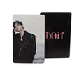 Two cards with a black card featuring pink text and a photo card of a person on a white background