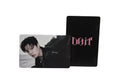 Two black cards with a pink logo and a photo of a person on a white background