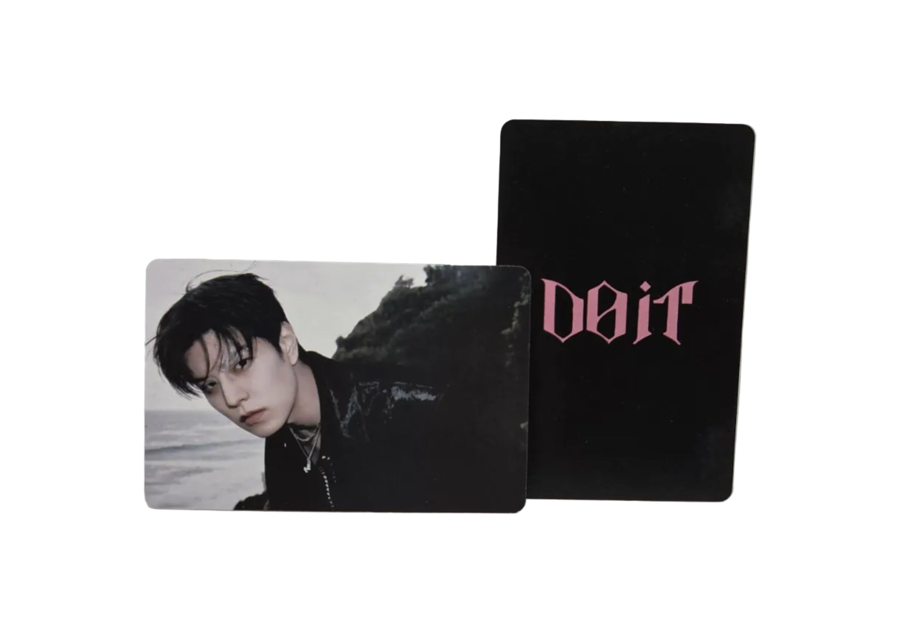 Two black cards with a pink logo and a photo of a person on a white background