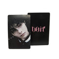 Two black cards with a photo and text on a white background