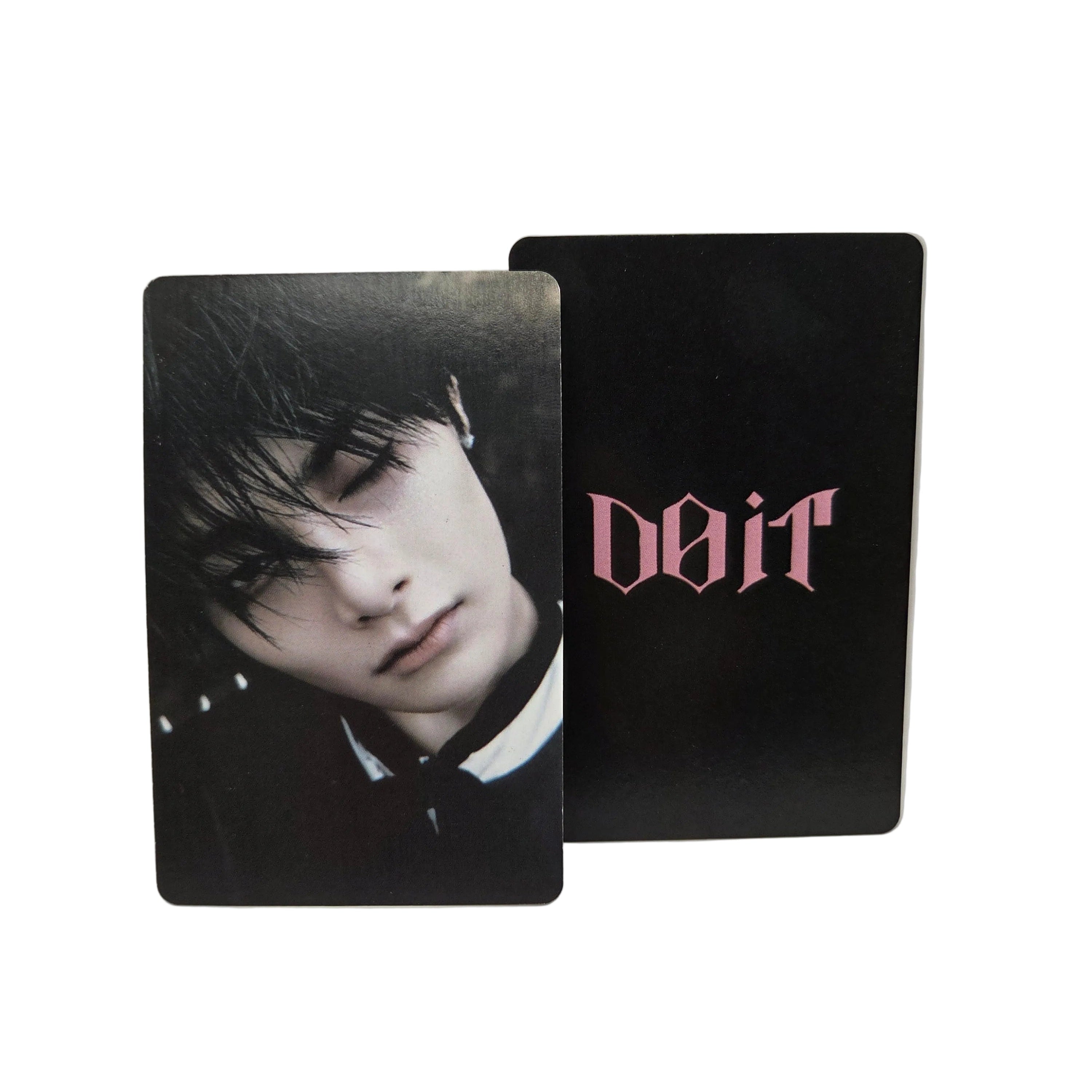 Two black cards with a photo and text on a white background