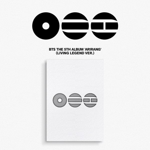 Album cover for BTS's 5th album 'Arirang' with geometric design elements on a white background.