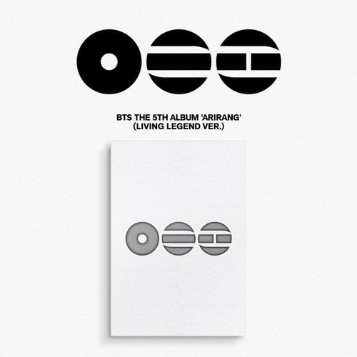 Album cover for BTS's 5th album 'Arirang' with geometric design elements on a white background.
