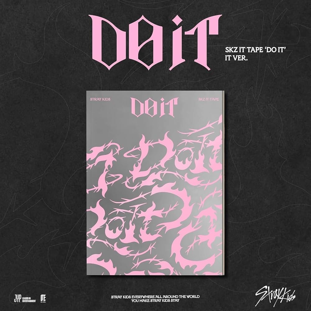 Album cover with pink and gray design on a dark background