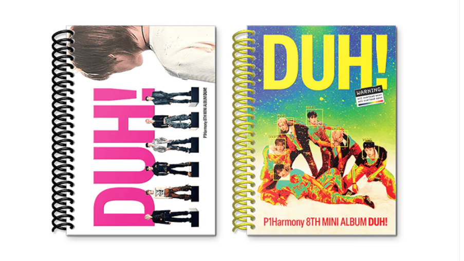 Two spiral-bound books with colorful covers featuring a group of people and the word 'DUH!' on a white background.