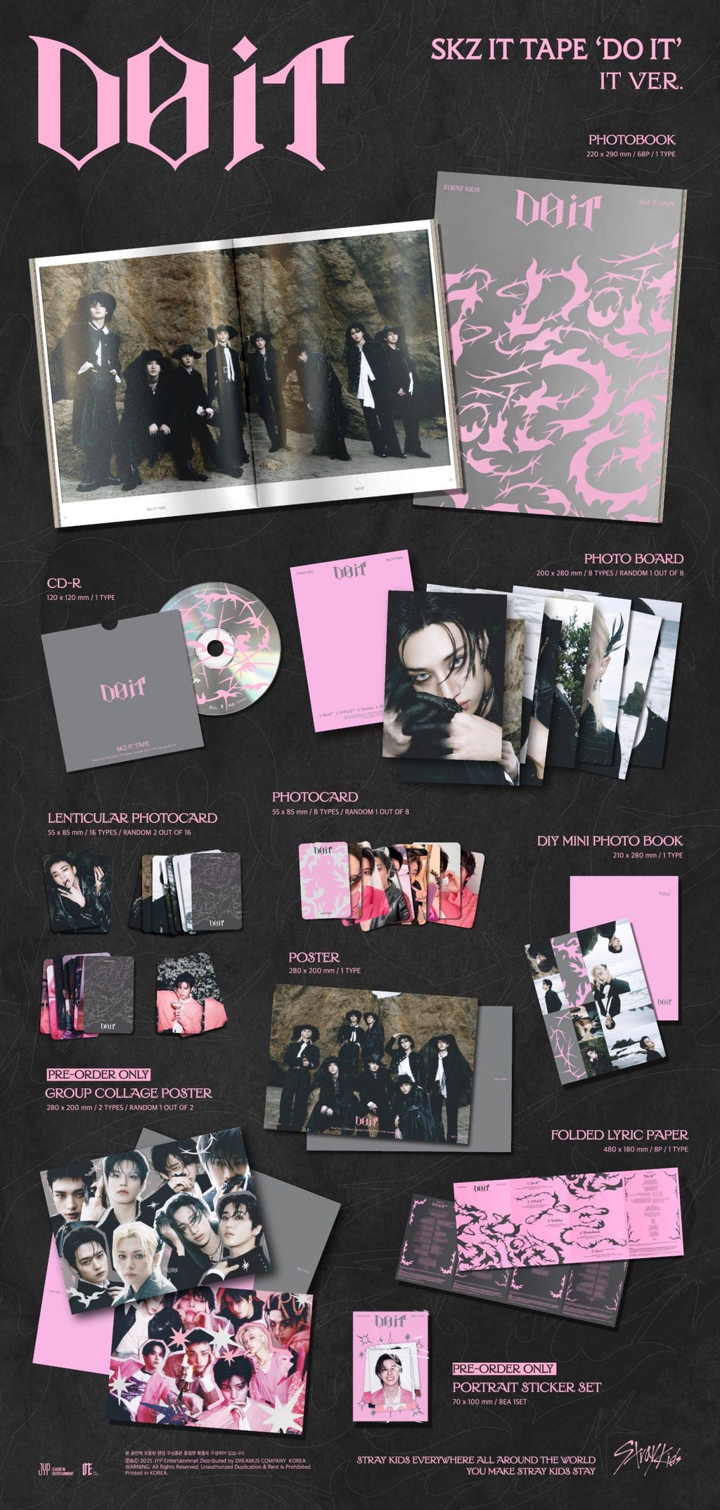 Collection of 'DOIT' merchandise including photos, a CD, and printed materials on a black background.