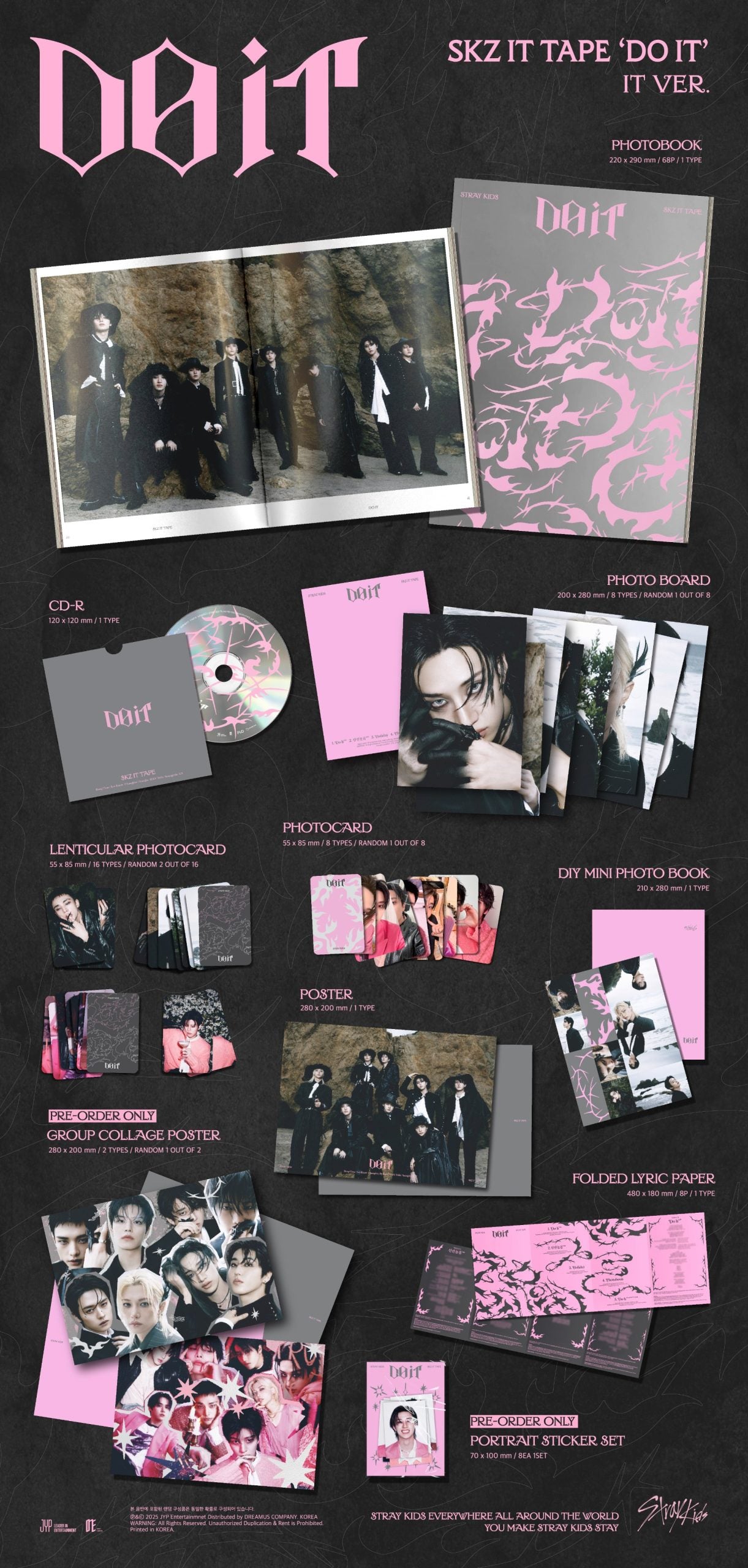 Collection of 'DOIT' merchandise including photos, a CD, and printed materials on a black background.
