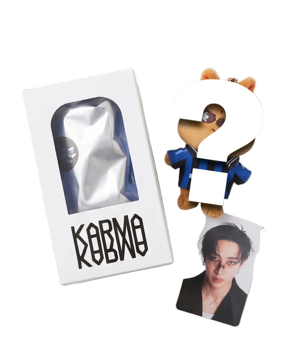 Kabuo product with a plush toy and a card featuring a person on a white background