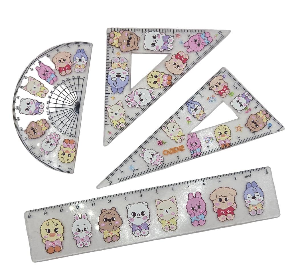 Set of measurement tools with cartoon bear design on a white background