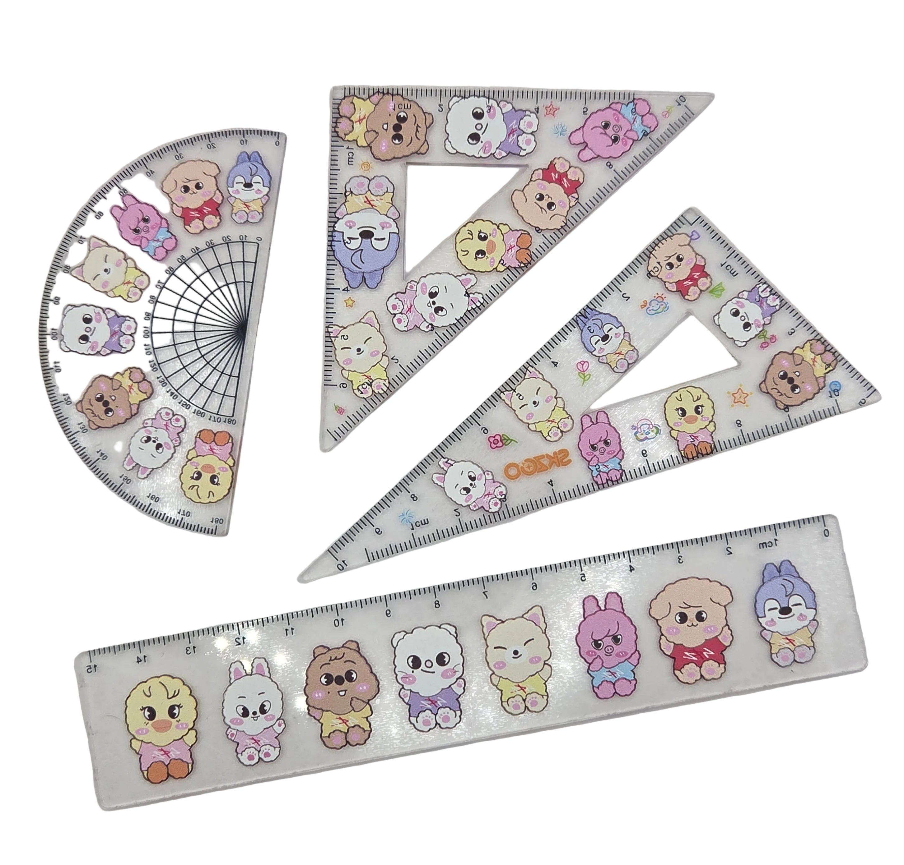 Set of measurement tools with cartoon bear design on a white background