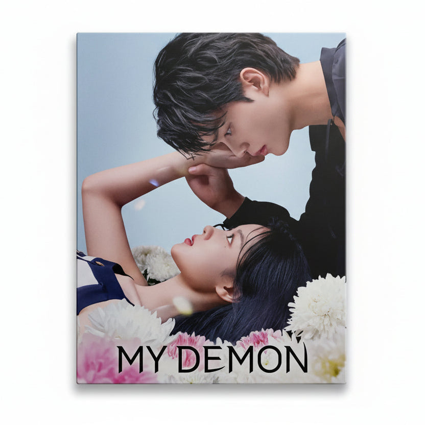 Movie poster for 'My Demon' featuring two people embracing with flowers and butterflies.