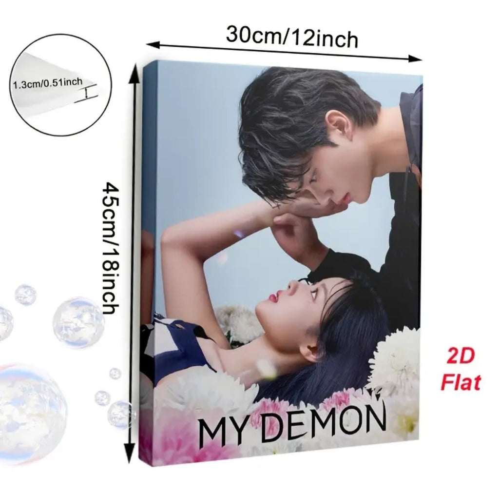 Canvas print with a romantic couple and 'My Demon' text, showing dimensions and material type.