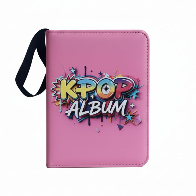Pink K-pop album cover on a desk with office supplies in the background
