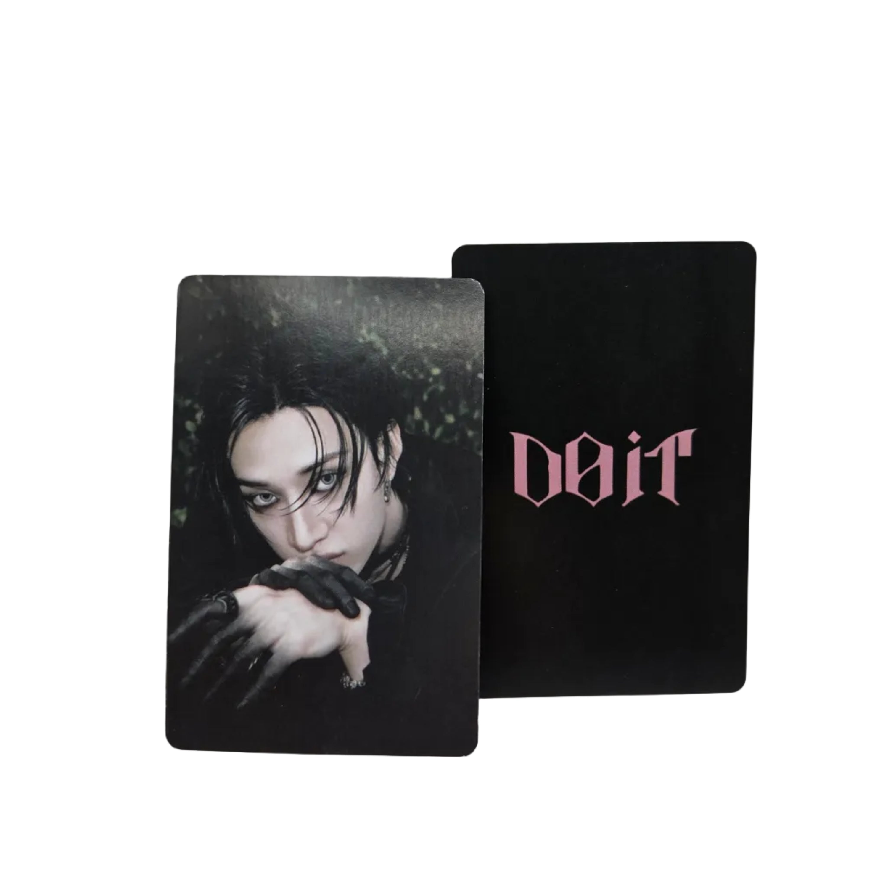 Two black cards with a printed design on a white background