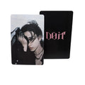 Two cards, one with a black background and pink text, the other with a black and white photo of a person.