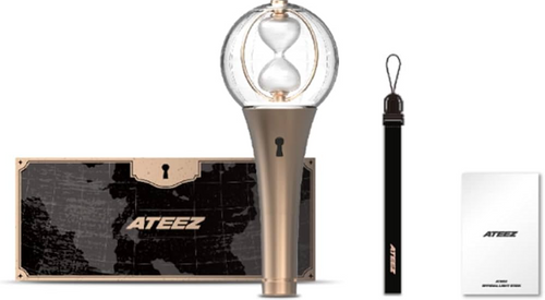 Collection of ATEEZ branded items including a hourglass-shaped object, a strap, and a box on a white background.