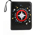 Black wallet with star design and text on a white background