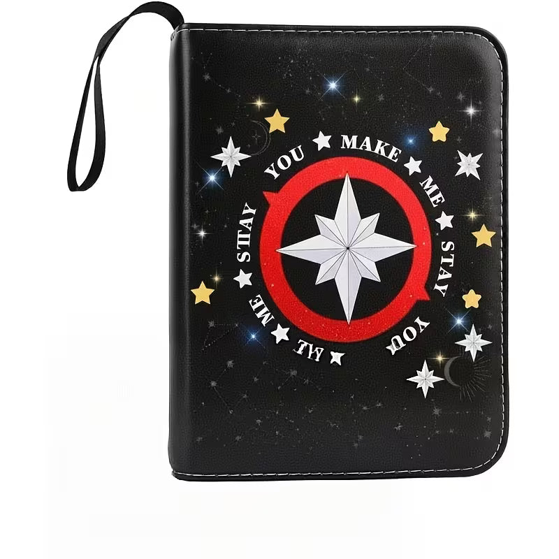 Black wallet with star design and text on a white background