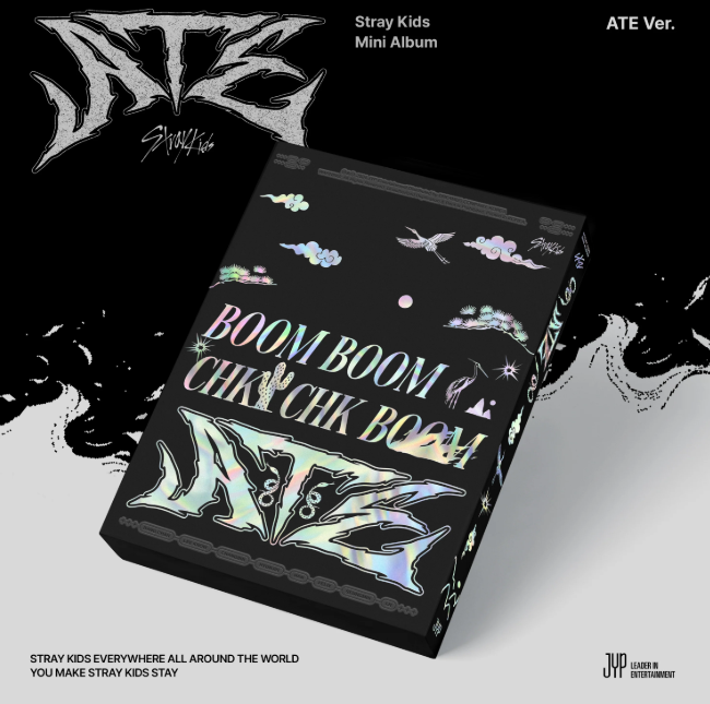 Stray Kids mini album packaging with reflective text and branding on a black and white background