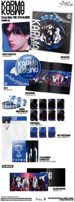 Karma album packaging with various items and promotional materials.