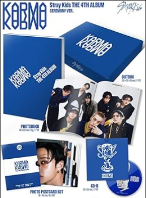 Stray Kids KORMO 4th album packaging with photobook, CD, and photo postcard set.