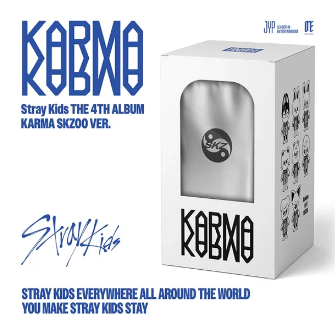 Album packaging for Stray Kids' 4th album 'Karma SKZOO Ver.' with branding and product details.