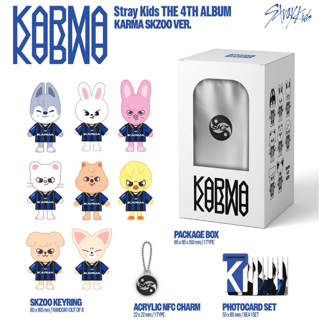 Stray Kids KARMA album packaging with figurines and accessories on a white background